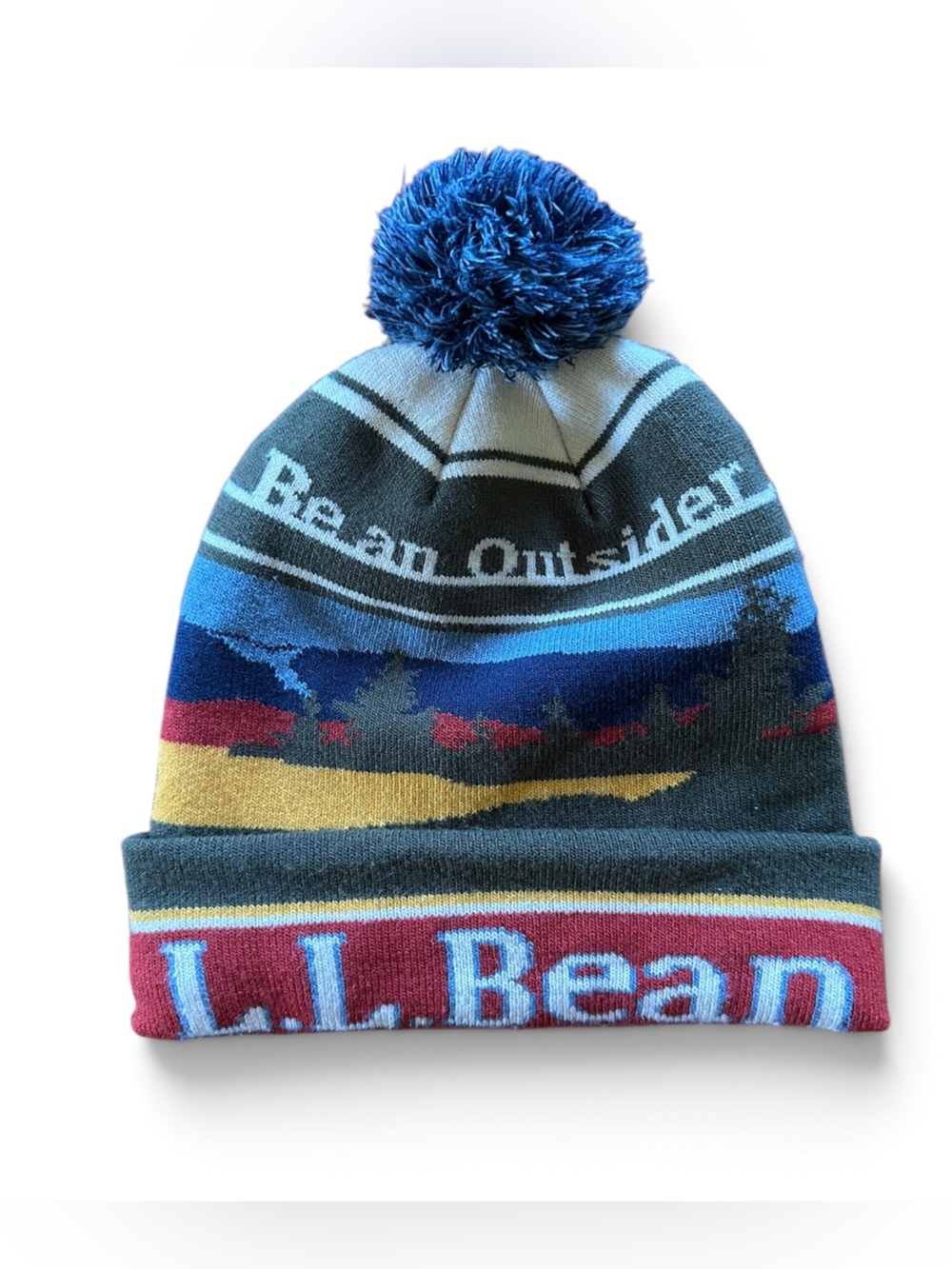 L.L. Bean Katahdin Pom Beanie in Blue, Navy, Red and Yellow OSFM